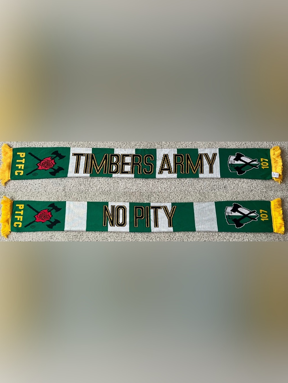 Portland Timbers Army Gold Fringe Gold Outline Lettering No Pity Soccer Scarf